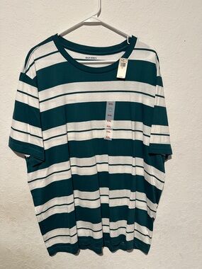 Old Navy Men's Teal and White Horizontal Stripe Crew Tee
